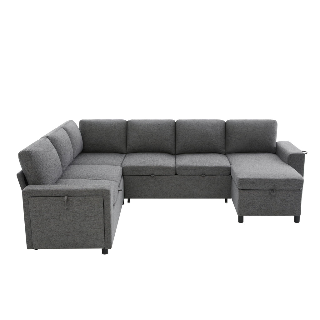 U - Shaped Convertible Sectional Sofa Bed With Storage, USB Charger & Cup Holders