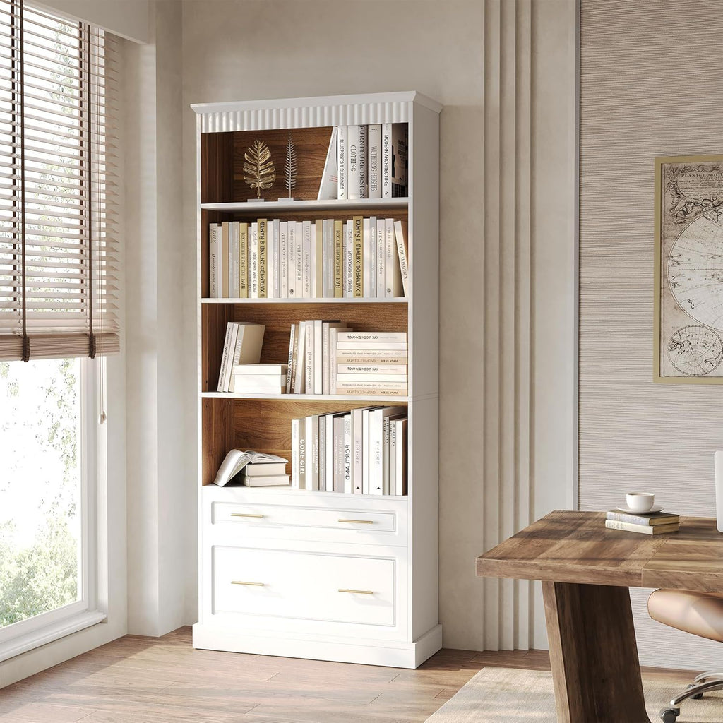 5 Tier White Bookcase With 2 Drawers Storage Organizer For Living Room - White