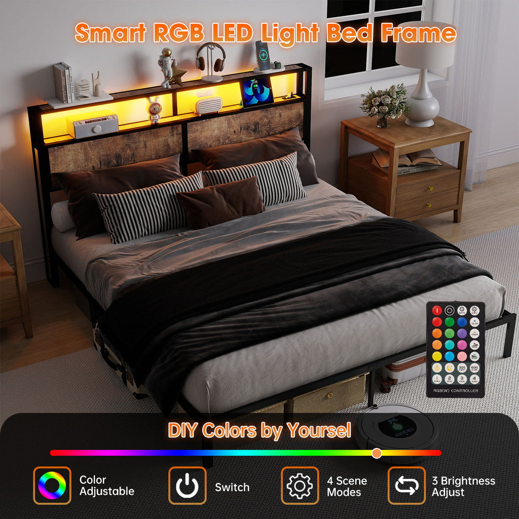 Bed Frame With Headboard, LED Lights & Charging Station