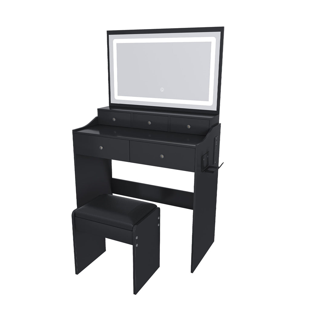 Modern Makeup Vanity Set With Power Outlet, Hair Dryer Holder, And Adjustable Lighting