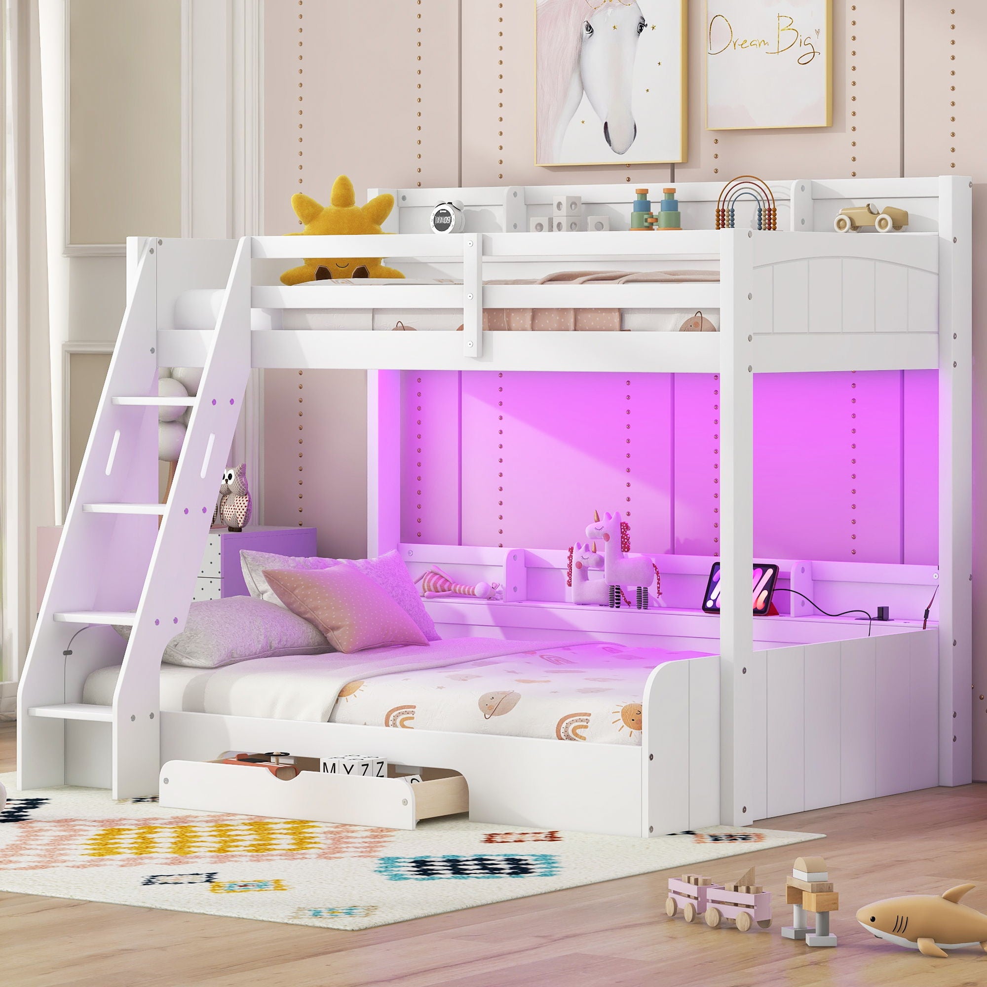 Bunk Bed With Storage Shelves, LED Lighting, Charging Station And Drawer