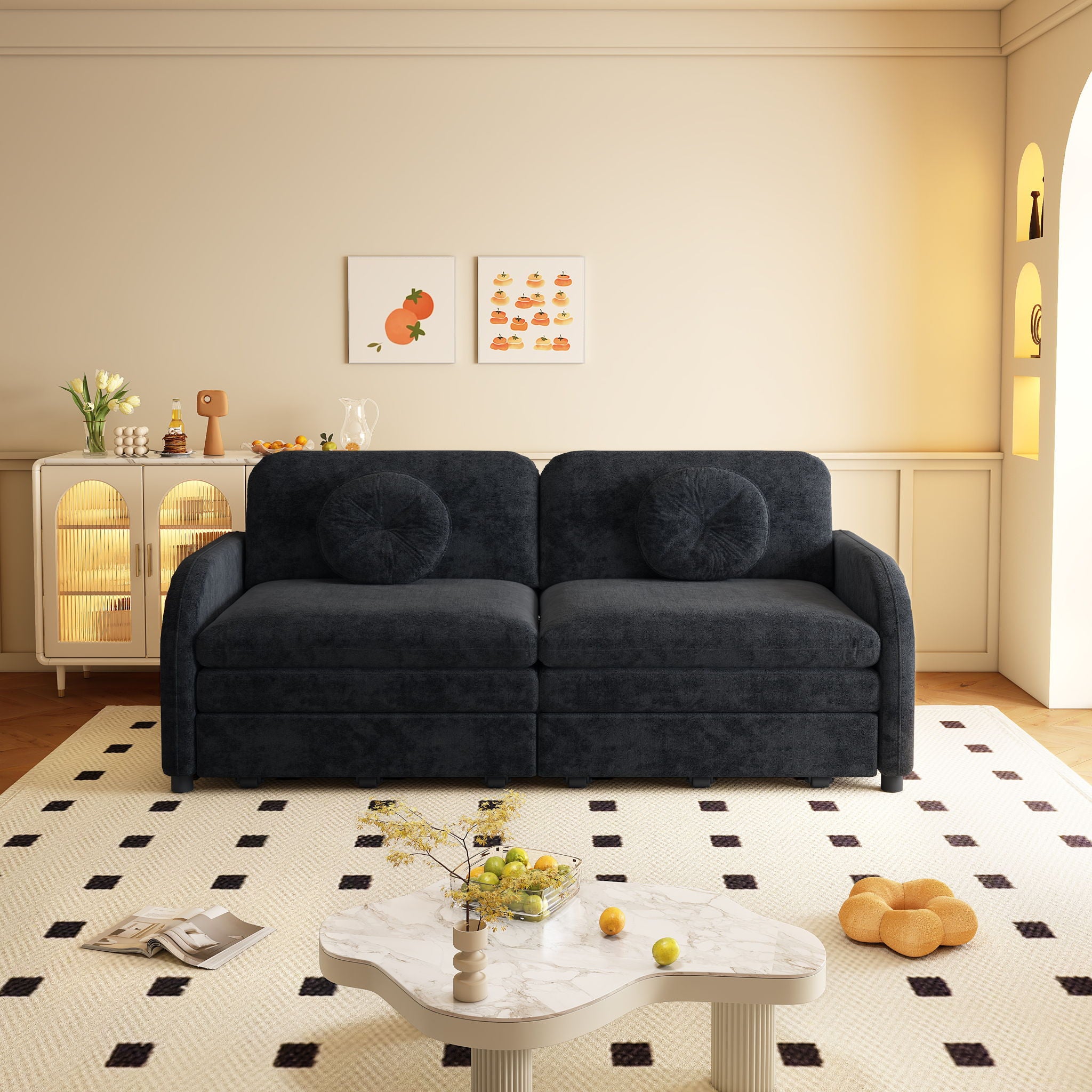 Upholstered Pull Out Couch With Side Pocket & USB Port
