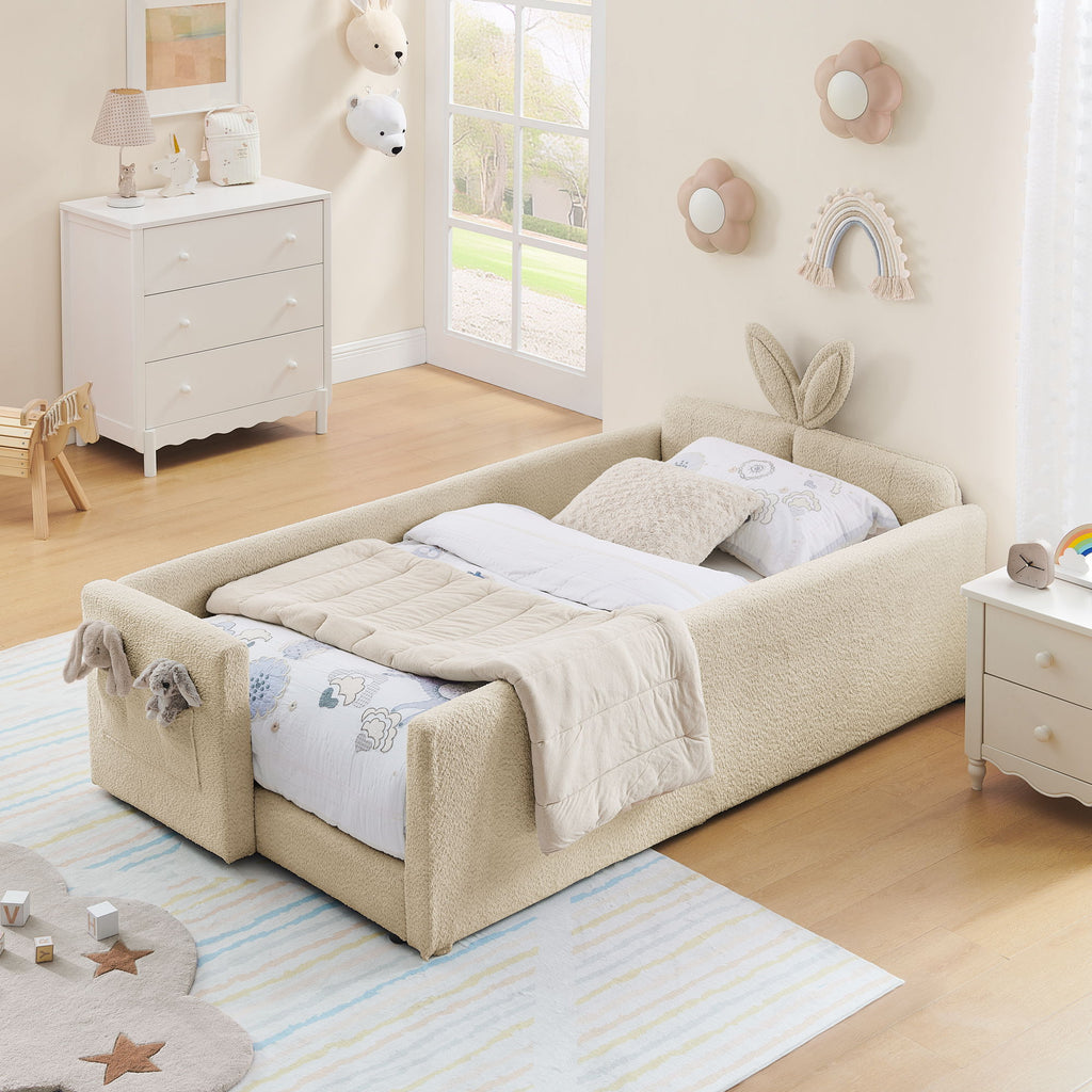 Cute Rabbit Ear Upholstered Platform Bed Frame With Safety Rail