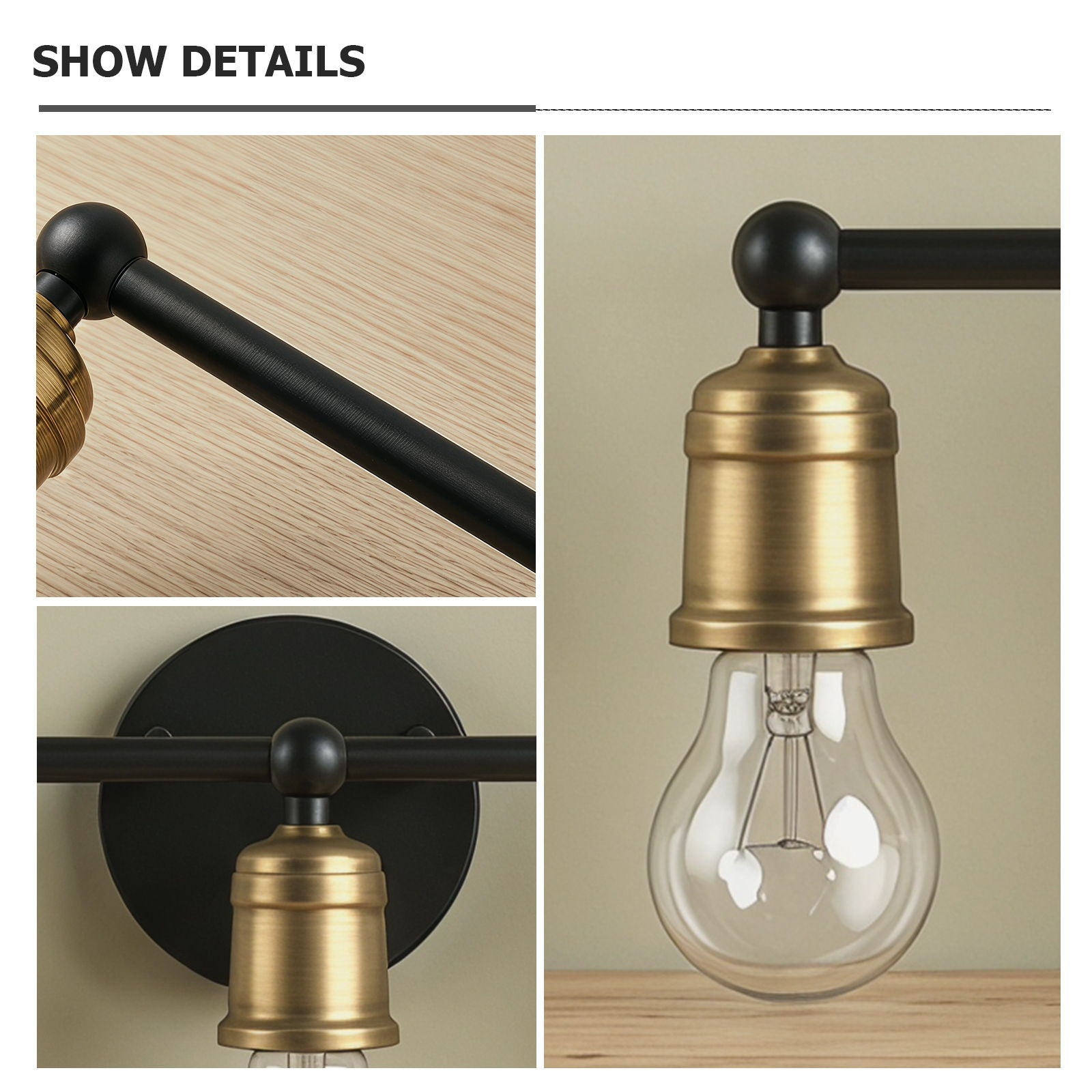 3 Light Wall Sconce, Vanity Light, No Bulbs Included - Black / Gold