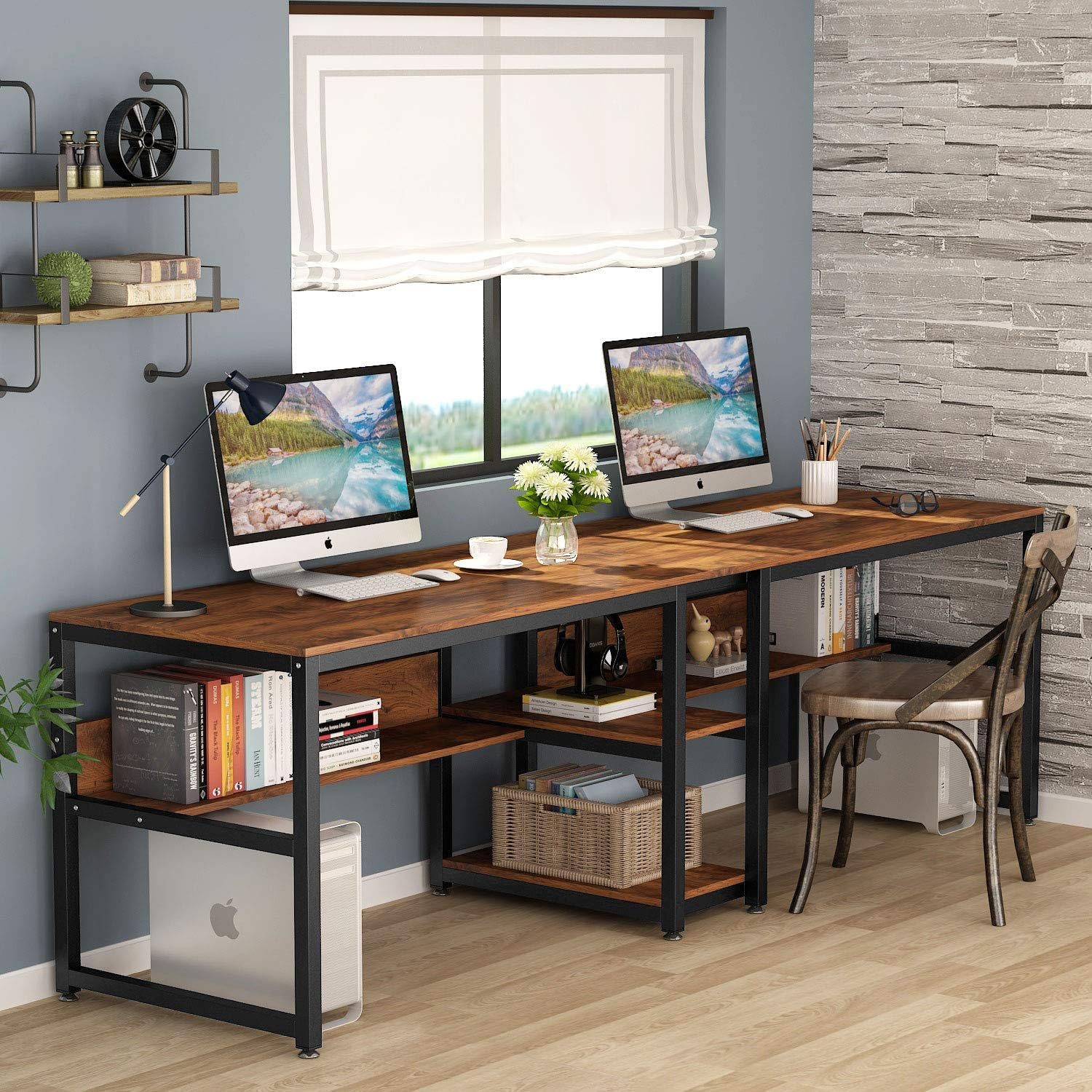 Double Desk For 2 With Bookshelves, 2 Person Workstation With Storage - Brown / Black