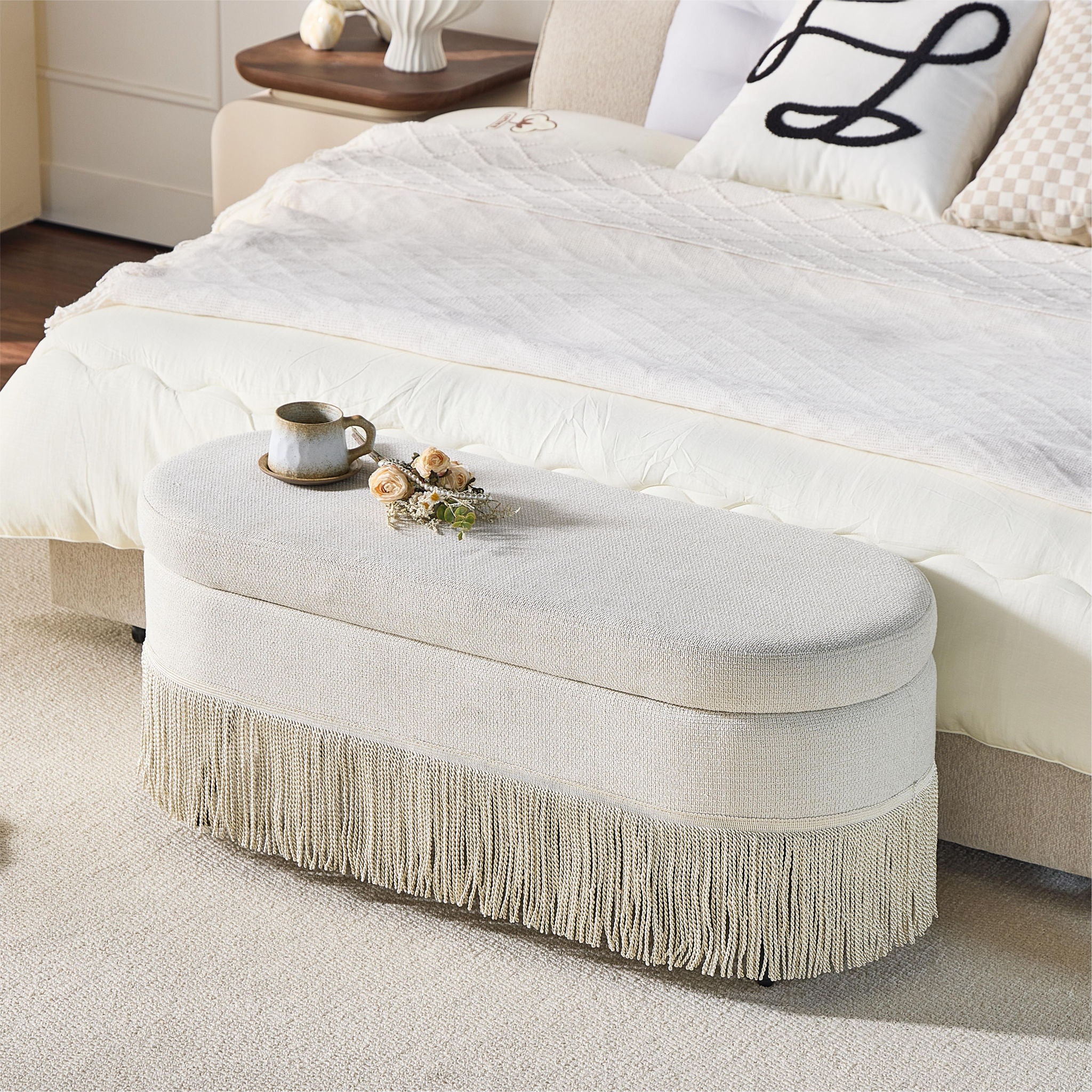 Oval Upholstered Storage Ottoman With Fringe Trim & Lift Top Lid