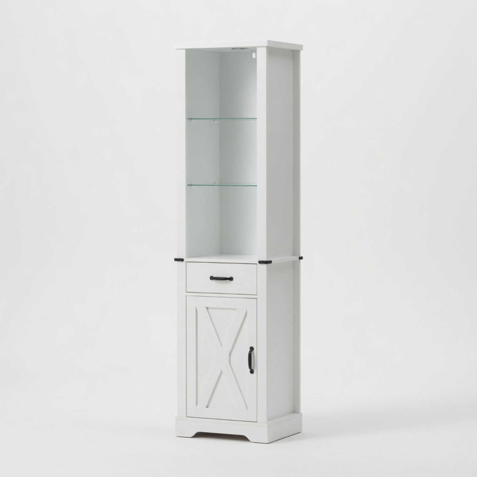 Pantry Cabinet With LED Lights And Barn Door With Tempered Glass Shelves - White