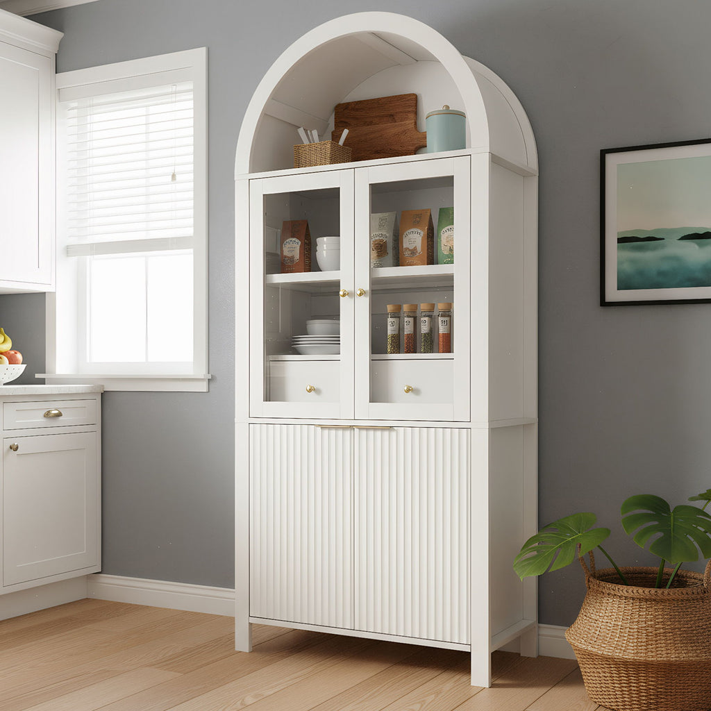 Fluted Tall Arched Pantry Cabinet With Adjustable Shelves, Glass Door & Hidden Drawer For Kitchen