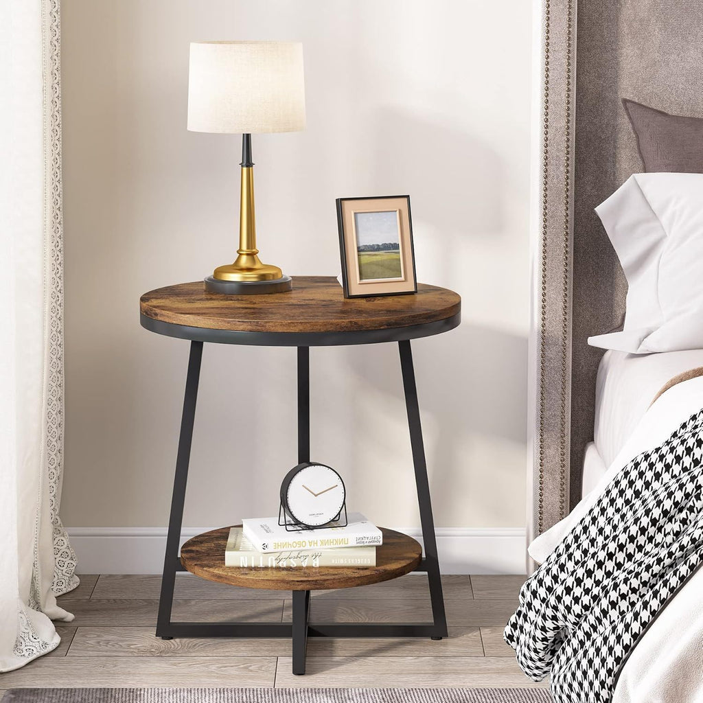 Round End Table With Hairpin Legs, 2 Tier For Living Room - Rustic Brown