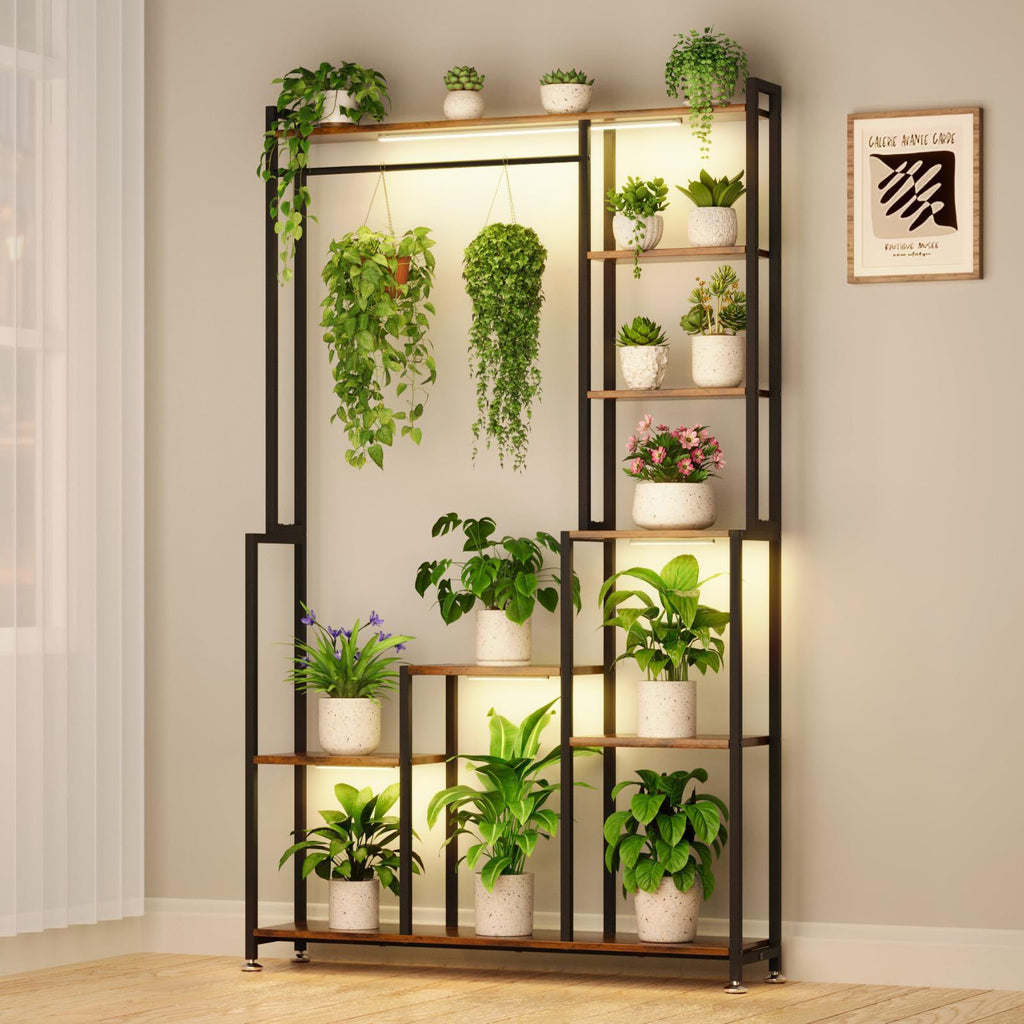Large Plant Stand Indoor With Grow Light, Tall Plant Shelf, 8 Tiered Heavy Duty Metal Plant Stand, Square Flower Stand Display Rack For Living Room - Walnut / Black