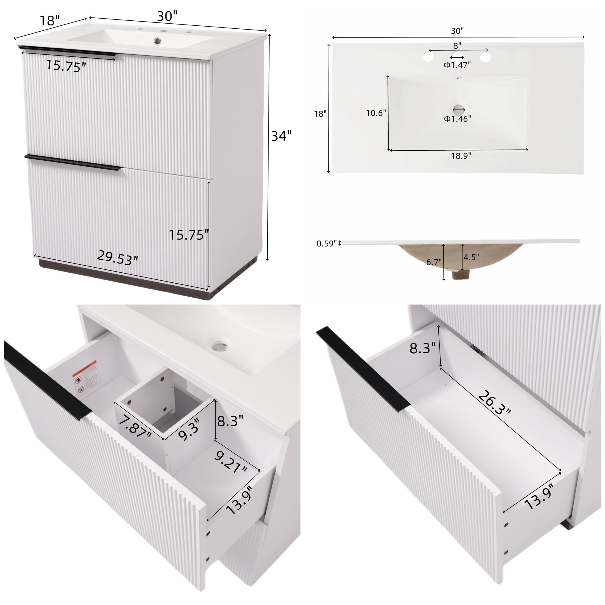 Fluted Bathroom Vanity With Ceramic Sink, Soft Close Slides