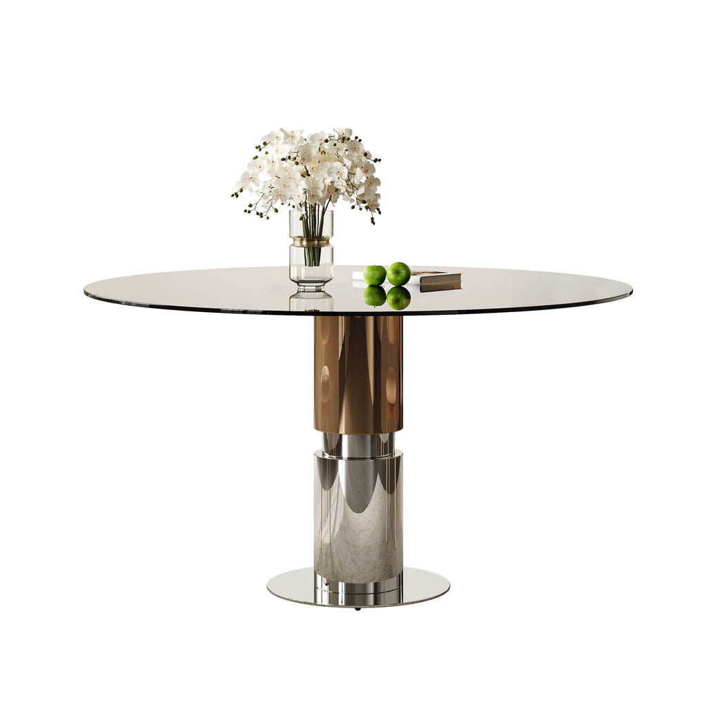 Round Dining Table & Tempered Glass Top - Brown
